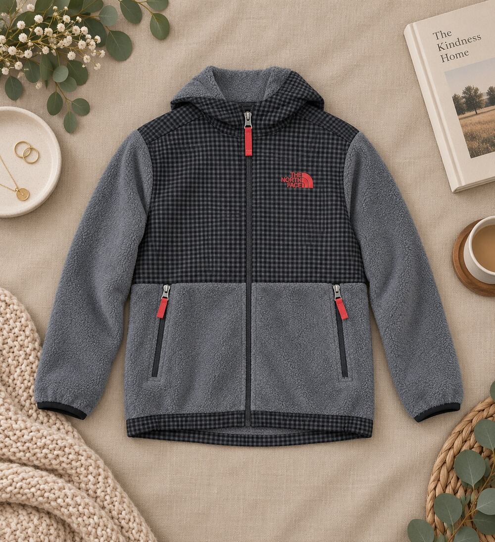The North Face Polartec Hooded Fleece Jacket Gray Black Plaid Boys M 10/12